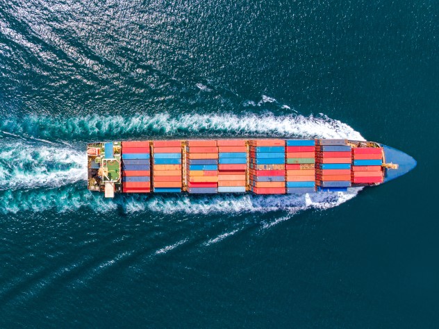 passing a container ship on open water